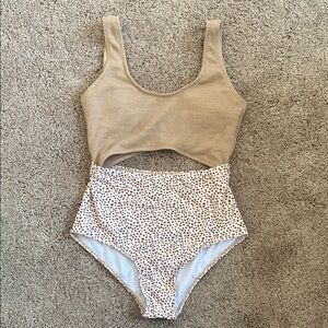 Tan Ribbed Crop Top and Polka Dot High-Waisted Shorts